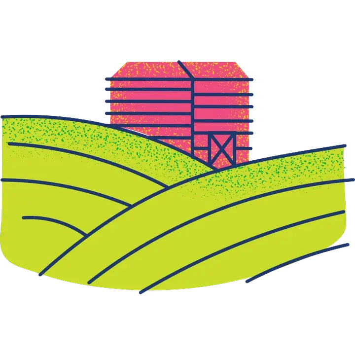 Illustration of Arté's partner farm, rows of fruit fields beside a red barn